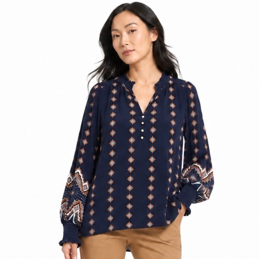Talbots Blouse Navy Blue Diamond Medallion Boho Preppy Artsy Coastal Womens M
